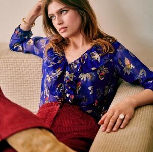 Sezane Blue Floral Silk Ruffled Blouse